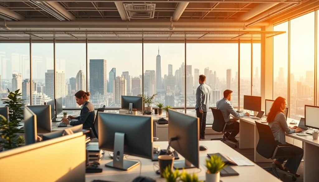 A bustling office scene depicting real estate assistant jobs in the United States. In the foreground, a group of professional real estate assistants diligently working at their desks, surrounded by modern office decor and technology. The middle ground showcases a collaborative workspace, with colleagues discussing property listings and client interactions. In the background, a panoramic view of a vibrant city skyline, highlighting the dynamic nature of the real estate industry. The lighting is warm and inviting, creating a productive and energetic atmosphere. Captured through a wide-angle lens to encompass the full scope of the real estate assistant's work environment.