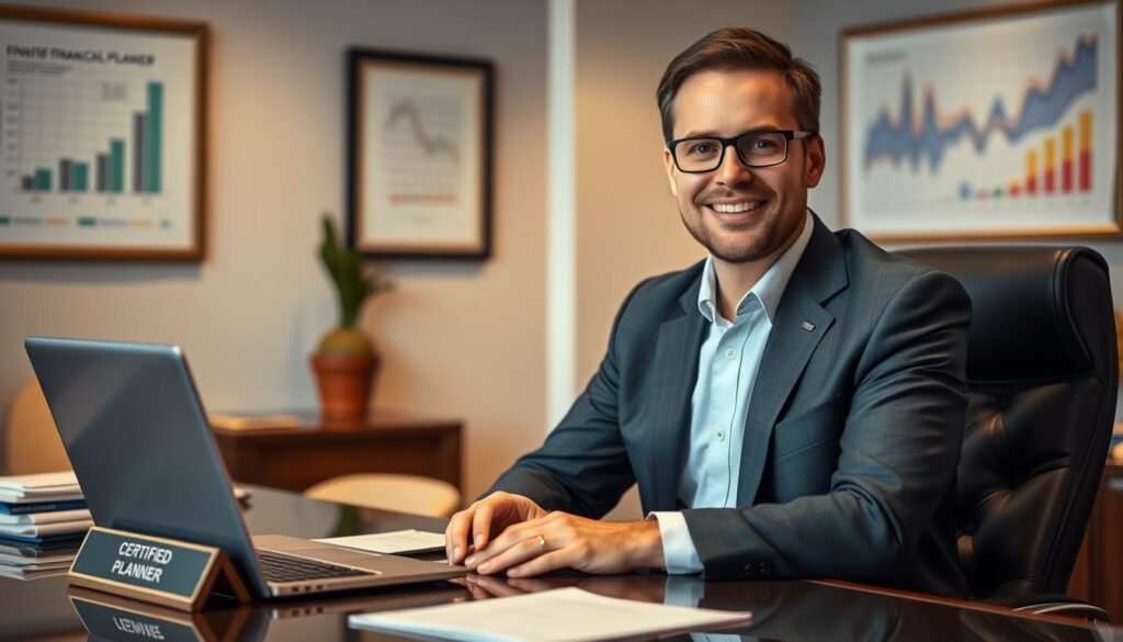 A certified financial planner sits at a desk, dressed in a tailored suit, exuding professionalism and expertise. The office is warm and inviting, with soft lighting and tasteful decor. On the desk, a laptop, papers, and a nameplate denote the planner's credentials. The background is slightly blurred, emphasizing the subject, while subtle financial charts and graphs on the wall provide visual context. The overall atmosphere conveys trust, reliability, and a dedication to helping clients achieve their financial goals.