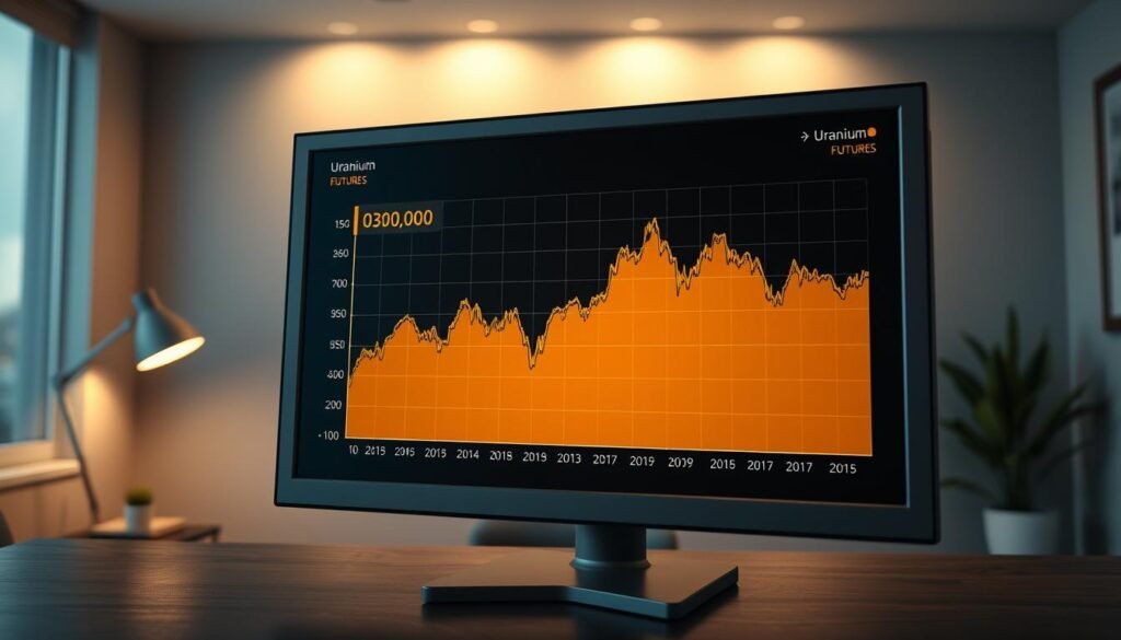 A detailed and realistic uranium futures price chart, rendered in a clean and professional style. The chart occupies the foreground, displayed on a high-resolution monitor with a matte, neutral-toned bezel. The background features a dimly lit, minimalist office environment with subtle details such as a desk, chair, and potted plant, creating a sense of context without distracting from the focal point. The lighting is soft and diffused, with a slightly cool color temperature to convey a serious, analytical atmosphere. The chart itself shows historical price fluctuations in a clear, easy-to-interpret manner, with well-defined axes, gridlines, and data points. The overall composition and attention to detail effectively communicate the subject of &quot;Understanding the Uranium Futures Market&quot;.