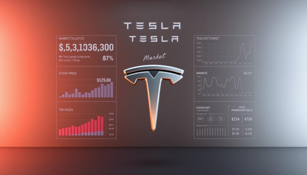 A detailed infographic showcasing Tesla's key market metrics, presented against a sleek, minimalist backdrop. In the foreground, a 3D-rendered Tesla logo hovers, its metallic finish gleaming under soft, directional lighting. Surrounding it, vibrant data visualizations display Tesla's market capitalization, stock price, and other vital statistics. The middle ground features clean, monochromatic charts and graphs, their design elements echoing the sharp, angular aesthetic of Tesla's vehicles. In the background, a subtle gradient fades from a warm, brushed-metal hue to a cool, slate-gray tone, creating a sense of depth and sophistication. The overall composition conveys a sense of Tesla's technological prowess, financial performance, and industry-leading status.