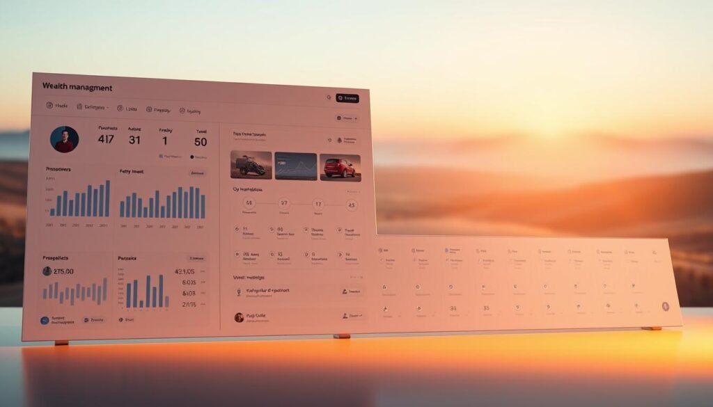 A detailed roadmap for wealth management, illuminated by soft, warm lighting. In the foreground, a sleek, minimalist dashboard displays key financial metrics and insights. The middle ground features a neatly organized array of investment options, each with its own distinct icon and label. In the background, a serene, abstract landscape sets the tone, conveying a sense of financial stability and long-term growth. The overall composition is clean, balanced, and visually appealing, reflecting the careful planning and strategic approach to managing one's wealth.