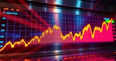 A glowing graph displaying the fluctuating uranium futures prices, set against a backdrop of a sleek, metallic control panel. The chart is rendered in a vibrant, neon-like color palette, reflecting the dynamic and volatile nature of the uranium market. Rays of warm, focused lighting illuminate the data points, casting dramatic shadows and creating a sense of depth and dimensionality. The overall aesthetic conveys a sense of precision, technology, and the high-stakes world of commodity trading.