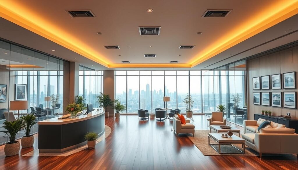 A high-quality, professional real estate office interior, with a large, open floor plan, contemporary decor, and modern furniture. The scene features a reception area with a stylish desk and potted plants, surrounded by glass-walled offices and meeting rooms. Warm, directional lighting from overhead fixtures creates a welcoming ambiance. The floors are made of polished hardwood, and the walls display framed real estate images and awards. In the background, a panoramic city skyline is visible through floor-to-ceiling windows, conveying a sense of prestige and success.