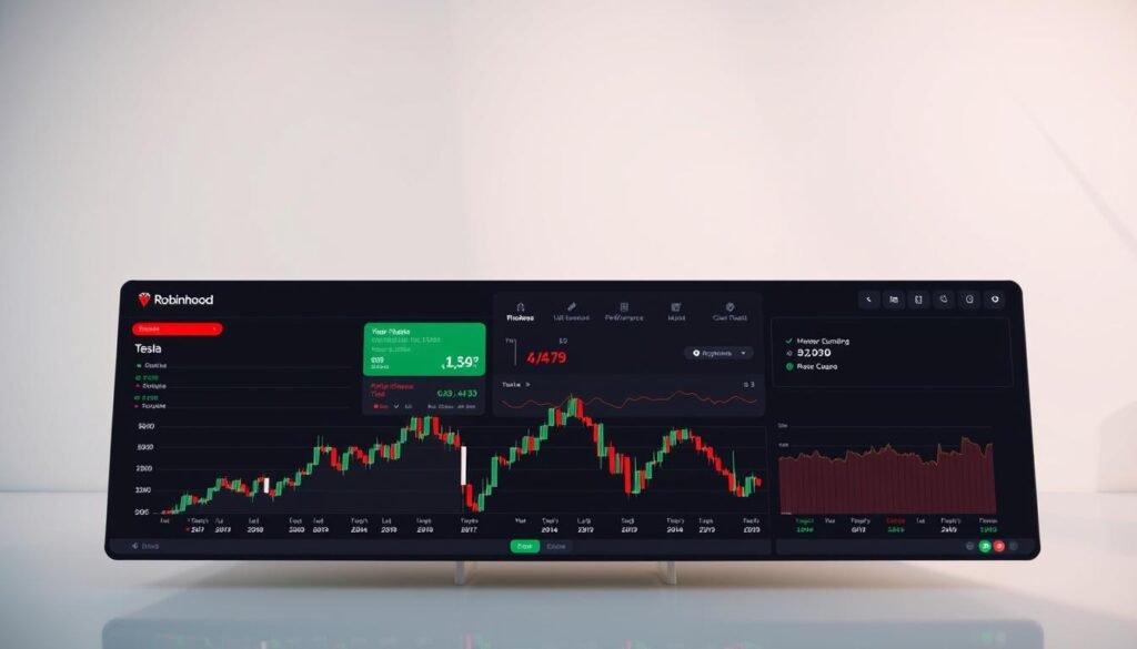 A high-resolution, photorealistic image of the Tesla stock performance dashboard on the Robinhood trading platform. The foreground shows the stock chart with candlestick markers, displaying the price history over the past year. The middle ground features the Robinhood interface with interactive controls, market data, and performance metrics. The background is a clean, minimalist environment with subtle gradients, creating a sense of depth and focus on the financial data. Excellent lighting from the top left, casting subtle shadows and highlights to enhance the details. Captured with a wide-angle lens to showcase the full scope of the Robinhood dashboard.