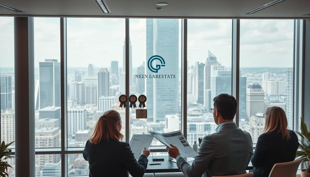 A modern, well-lit office interior with large windows overlooking a bustling city skyline. In the foreground, a group of real estate brokers are engaged in a meeting, examining detailed reports and discussing market trends. The middle ground features a prominently displayed brokerage logo and awards recognizing their achievements. In the background, a timeline showcases the brokerage's history and growth over the years. The overall atmosphere conveys a sense of professionalism, expertise, and a track record of success in the real estate industry.