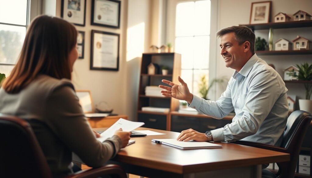 A professional real estate agent having a friendly discussion with a potential client in a cozy office setting. The agent is sitting across a wooden desk, leaning forward and gesturing enthusiastically as they explain various property options and the home-buying process. Warm, natural lighting filters in through large windows, creating a welcoming atmosphere. The client appears engaged, taking notes and asking questions. The office is tastefully decorated with framed certificates, plants, and a few model homes on shelves, conveying the agent's expertise and dedication to their work.