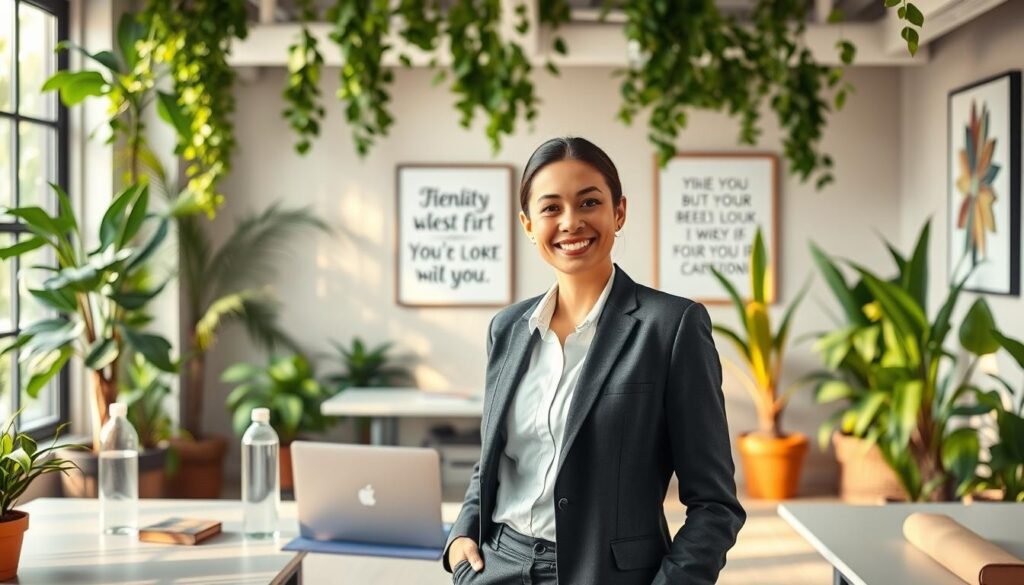 A serene and vibrant office space with lush greenery, natural light, and a positive atmosphere. In the foreground, a smiling professional in business attire standing confidently, surrounded by icons representing health and wellness, such as a water bottle, a plant, and a yoga mat. In the middle ground, a laptop and a calendar symbolizing productive work. The background features motivational quotes and inspirational artwork, creating an environment conducive to personal and professional growth. Warm, soft lighting casts a calming glow, and the overall scene conveys a sense of balance, harmony, and the benefits of a fulfilling career.