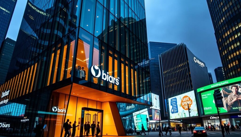 A sleek, modern digital bank headquarters stands tall against a backdrop of a bustling UK cityscape. The building's angular glass facade reflects the vibrant urban environment, with skyscrapers and busy streets in the distance. Warm, ambient lighting illuminates the entrance, welcoming customers to explore the innovative banking services within. A sense of progress and disruption permeates the scene, hinting at the transformative impact of these digital challengers on the traditional banking industry. The composition emphasizes the striking architecture and dynamic urban setting, capturing the essence of the "Digital Challengers Changing the Game" in the UK banking sector.