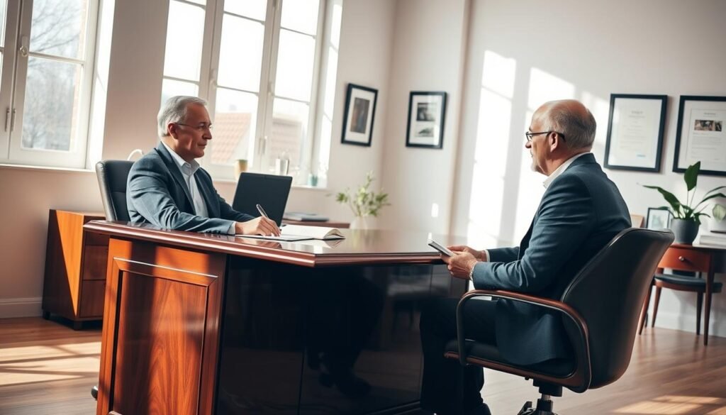 A well-lit modern office setting, a financial advisor and a client seated across a polished mahogany desk, engaged in a serious yet approachable discussion. The advisor's expression is one of attentive professionalism, while the client appears thoughtful, notes in hand. Soft natural light filters in through large windows, creating a warm, inviting atmosphere. The room is tastefully decorated with subtle nods to finance, such as framed certificates or a small potted plant. The overall scene conveys a sense of trust, expertise, and the beginning of a meaningful financial planning journey.