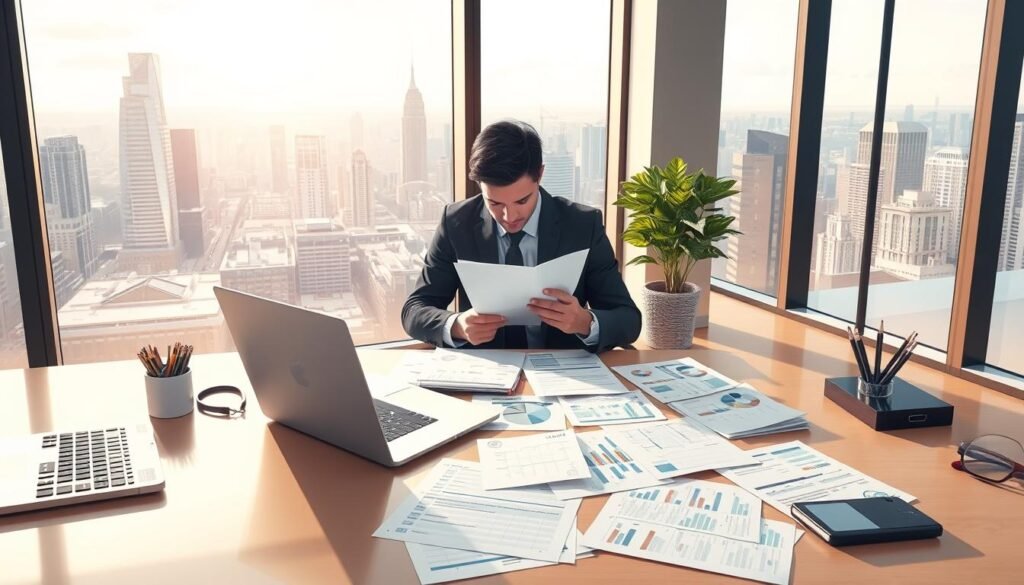 a high-quality digital illustration of a financial planning case study, set in a modern office environment. The foreground features a desk with a laptop, calculator, and various financial documents spread out. In the middle ground, a person in business attire is sitting at the desk, intently reviewing the paperwork. The background showcases floor-to-ceiling windows overlooking a cityscape, with warm, natural lighting filtering in. The overall scene conveys a sense of focused analysis, strategic planning, and attention to detail, reflecting the subject matter of the financial planning example.