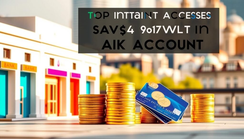 A bright and modern financial illustration showcasing the top instant access savings account options in the UK. In the foreground, a row of minimalist bank buildings with clean, geometric architecture and vibrant accent colors. In the middle ground, several stacks of gold coins and bank cards, symbolizing the financial products on offer. The background is a softly blurred cityscape, hinting at the bustling financial district. The overall scene is well-lit, with warm highlights and shadows, creating a sense of professionalism and trustworthiness. The image conveys a clear, informative, and visually appealing presentation of the top savings account choices available to UK consumers.