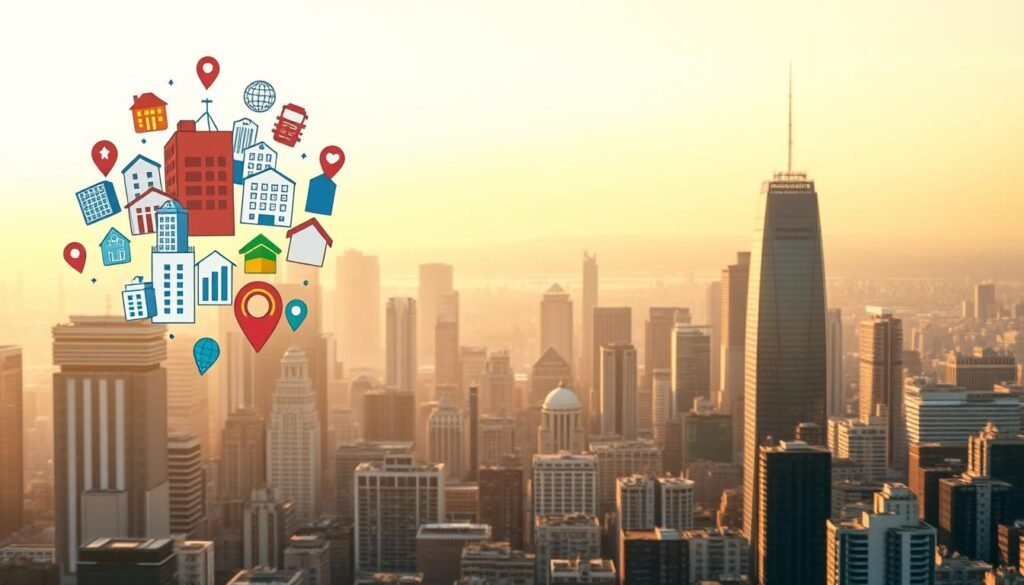 A bustling cityscape with towering skyscrapers and modern high-rise buildings, illuminated by warm golden hour lighting. In the foreground, a cluster of stylized real estate icons and property evaluation charts float against a hazy, out-of-focus background. The middle ground features a dynamic array of colorful location markers and pulsing data visualizations, conveying the concept of thriving property investment hotspots. The background depicts a panoramic urban landscape, with a vibrant mix of residential, commercial, and industrial structures set against a softly blurred horizon. The overall mood is one of growth, opportunity, and the allure of lucrative real estate investments.