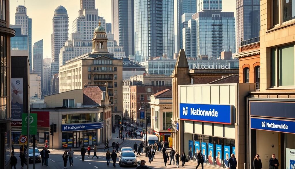 A busy cityscape with Nationwide Building Society branches prominently featured across the urban landscape. The branches are displayed in the foreground, showcasing their distinctive architecture and branding. In the middle ground, pedestrians and vehicles move through the bustling streets, creating a sense of activity and life. The background is filled with a mix of modern high-rise buildings and historic structures, providing a diverse and vibrant setting. The scene is bathed in warm, natural lighting, creating a welcoming and inviting atmosphere. The overall composition captures the scale and presence of Nationwide Building Society within the UK's urban environment.