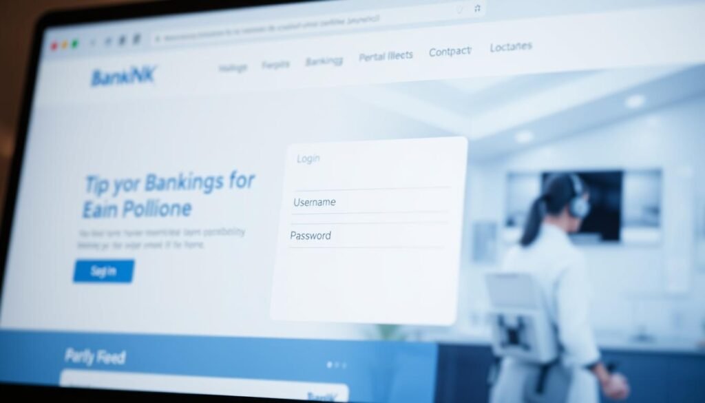 A clean, minimalist digital banking interface with a sleek, contemporary design. In the foreground, a login screen with input fields for username and password, set against a soft, blurred background of a banking website's homepage. The layout is balanced and intuitive, with clear typographic hierarchy and subtle gradients. Muted color palette of blues, grays, and whites, conveying a sense of trust and professionalism. Lighting is soft and diffused, creating depth and dimension. Camera angle is slightly elevated, giving an overview of the login experience. The overall mood is one of secure, accessible online banking for the modern user.