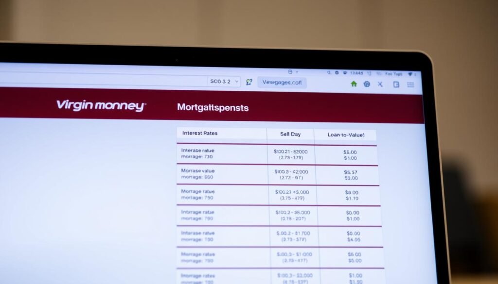A close-up shot of a laptop screen displaying a simple and clean user interface showcasing Virgin Money's mortgage rates. The screen has a soft, warm lighting, creating a professional and trustworthy atmosphere. The interface features a clear and organized layout, with well-spaced rows of interest rates, loan-to-value ratios, and other relevant details. The background is blurred, keeping the focus on the screen and the mortgage information. The overall impression is one of reliability, transparency, and attention to detail, reflecting the brand's commitment to providing customers with the right mortgage options.