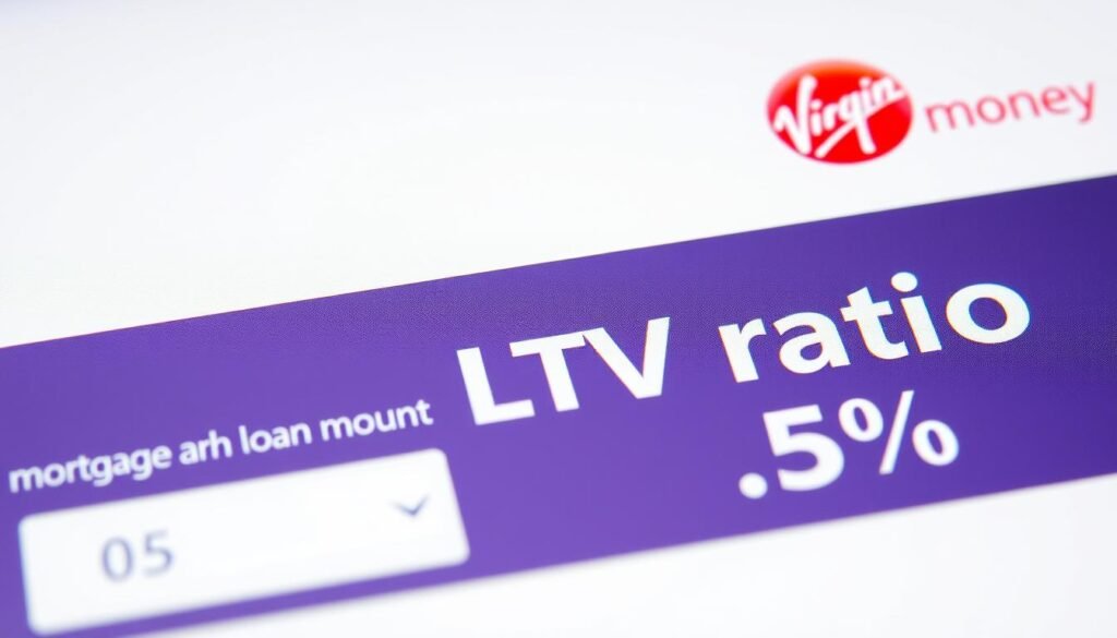 A close-up view of a mortgage loan-to-value (LTV) ratio calculator display, showcasing the Virgin Money branding. The foreground features the input fields and sliding scales to adjust the home value and mortgage amount, with a clear and intuitive user interface. The middle ground shows the calculated LTV ratio percentage prominently displayed, conveyed through a neutral, informative tone. The background has a soft, blurred effect, emphasizing the calculator's centrality. The lighting is natural and evenly distributed, creating a clean, professional atmosphere. The camera angle is slightly elevated, providing a clear, unobstructed view of the calculator interface.