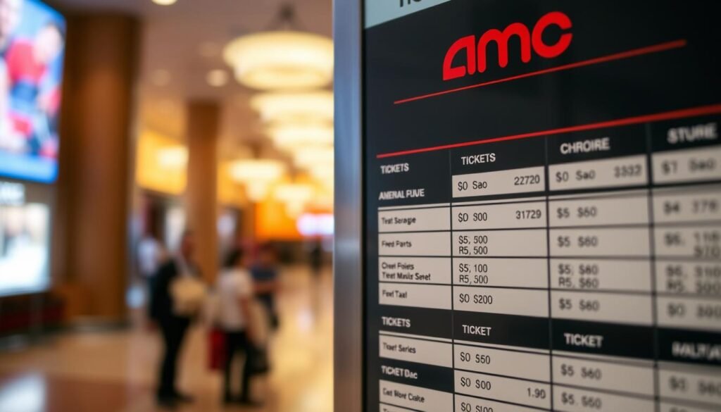 A close-up view of an AMC cinema ticket display, showcasing a neatly organized breakdown of ticket prices. The foreground features a sleek, modern design with clean lines and a minimalist aesthetic, highlighting the different ticket categories and corresponding costs in a clear, easy-to-read format. The middle ground presents a softly blurred cinema lobby, hinting at the bustling activity and anticipation of moviegoers. The background is slightly out of focus, creating a sense of depth and emphasizing the ticket display as the central focus. The lighting is warm and inviting, creating a welcoming atmosphere that reflects the brand's premium cinema experience.