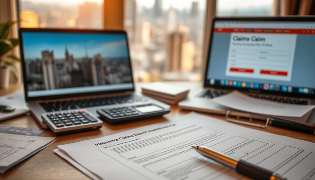 A close-up view of an insurance claim form being filled out on a desk, with a pen, calculator, and scattered documents in the foreground. In the middle ground, a laptop displaying an online claims submission portal, and in the background, a window overlooking a cityscape, bathed in warm, natural lighting. The overall atmosphere conveys a sense of diligence, attention to detail, and the importance of the claims process in protecting one's travel investments.