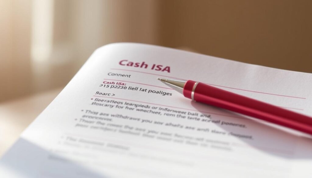 A close-up view of an open cash ISA account book, with a pen resting on the pages. The lighting is soft and natural, creating a warm, inviting atmosphere. The background is blurred, placing the focus on the account details and withdrawal options, which are clearly visible and easy to read. The image conveys a sense of financial security and accessibility, reflecting the key features of a Virgin Money Cash ISA.