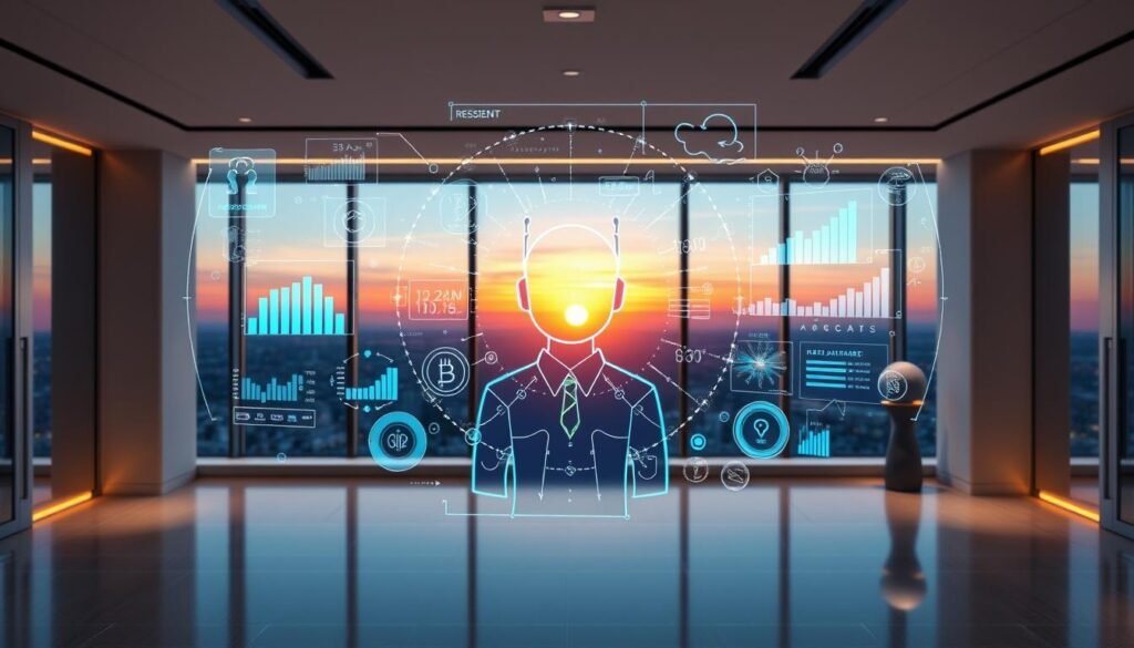 A complex 3D holographic interface with futuristic data visualizations and interactive financial charts suspended in a sleek, modern office setting. The foreground features a stylized AI assistant avatar surrounded by floating investment metrics and algorithmic trading signals. The middle ground showcases a panoramic view of a cityscape through floor-to-ceiling windows, with a vibrant sunset lighting the scene. The background has a minimalist, high-tech aesthetic with clean lines, metallic accents, and subtle ambient lighting, creating an atmosphere of intelligent, data-driven decision making.
