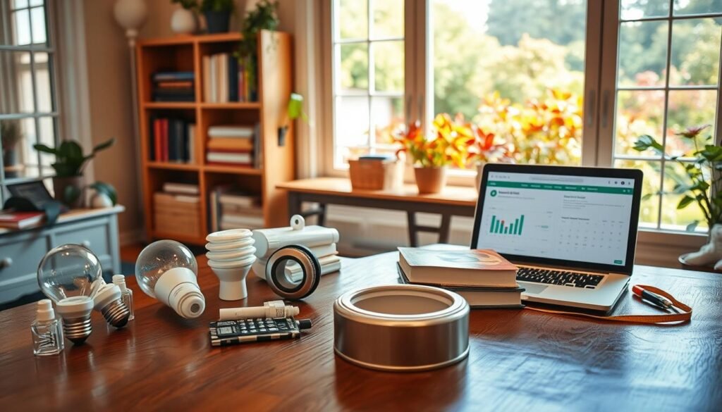 A cozy interior scene with a warm, natural lighting. In the foreground, an elegant wooden table showcases various money-saving tips, such as energy-efficient light bulbs, programmable thermostats, and weatherstripping. In the middle ground, a bookshelf displays financial planning books and a laptop displaying energy bill calculations. The background features a large window overlooking a vibrant garden, hinting at the potential savings from improved home insulation. The overall atmosphere conveys a sense of domestic tranquility and financial responsibility.
