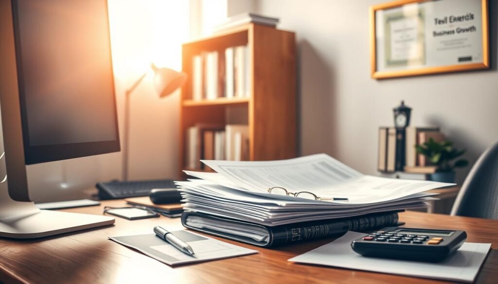 مكتب مريح مع حاسوب مكتبي، ومجموعة من المستندات المالية، وآلة حاسبة على مكتب خشبي. يتسلل ضوء دافئ من النافذة، مُلقيًا ضوءًا ناعمًا على المكان. في الخلفية، رف كتب عليه كتب في التخطيط المالي ونمو الأعمال. على الحائط، شهادة مؤطرة أو جائزة تتعلق بخبرة التخطيط المالي. يسود جو من التركيز والإنتاجية والتخطيط الاستراتيجي لنمو الأعمال الصغيرة.