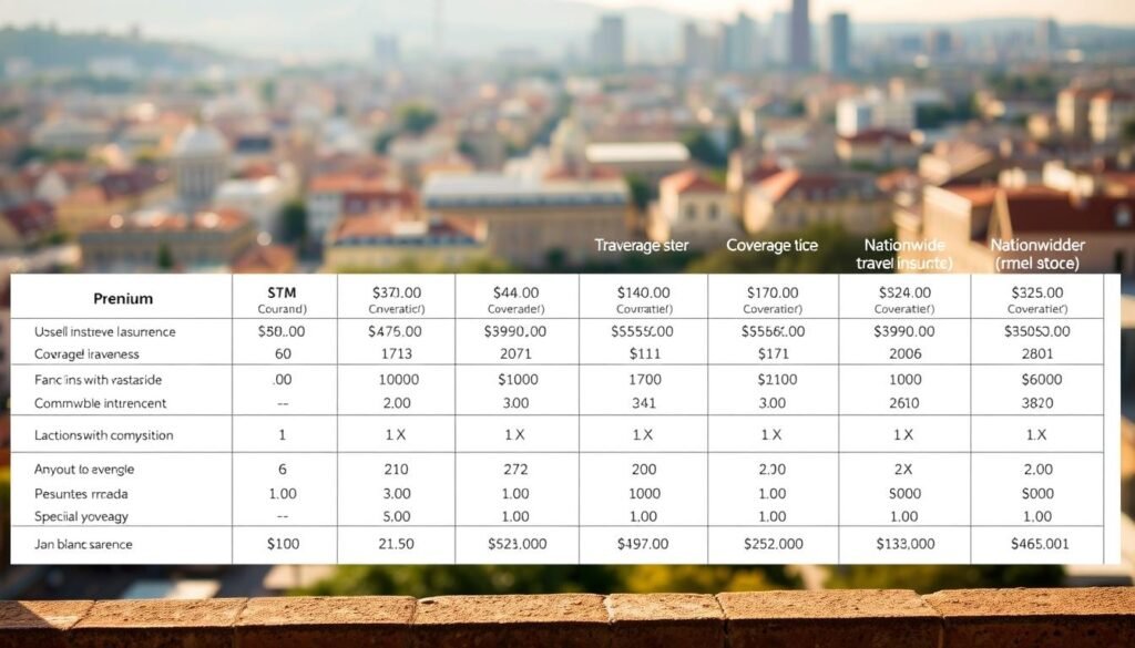 A detailed comparison chart showcasing the cost breakdown of Nationwide travel insurance policies. The foreground features a clean, minimalist table layout with crisp, legible typography highlighting the varying coverage tiers and corresponding premiums. The middle ground depicts a serene, sun-dappled cityscape in the background, conveying a sense of safety and security for the traveler. Subtle warm lighting and a shallow depth of field create a polished, professional aesthetic, drawing the viewer's focus to the key information presented. The overall mood is one of clarity, transparency, and trust - essential qualities for a travel insurance cost analysis.
