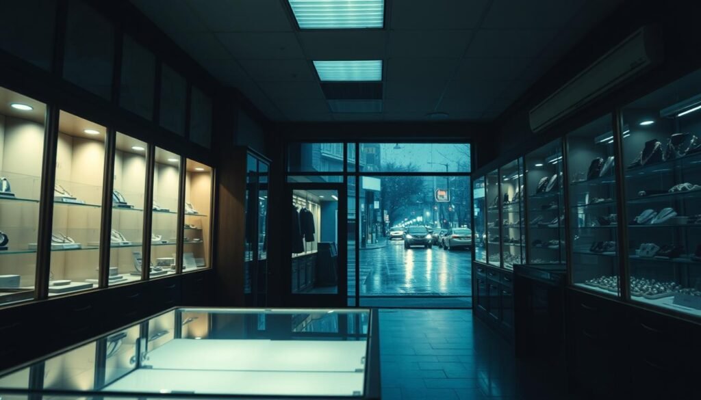 A dimly lit jewelry store, the shelves sparsely populated with merchandise. The once-vibrant displays now cast in shadows, a sense of decline palpable. In the foreground, a display case sits empty, a stark contrast to the store's former prosperity. Through the store's windows, a gloomy, rain-soaked street is visible, further emphasizing the store's isolation and struggle. The lighting is somber, creating a melancholic atmosphere that reflects the brand's declining fortunes. The camera angle is low, lending a sense of vulnerability and struggle to the scene. Overall, the image conveys the essence of a once-thriving jewelry retailer now facing challenging times.