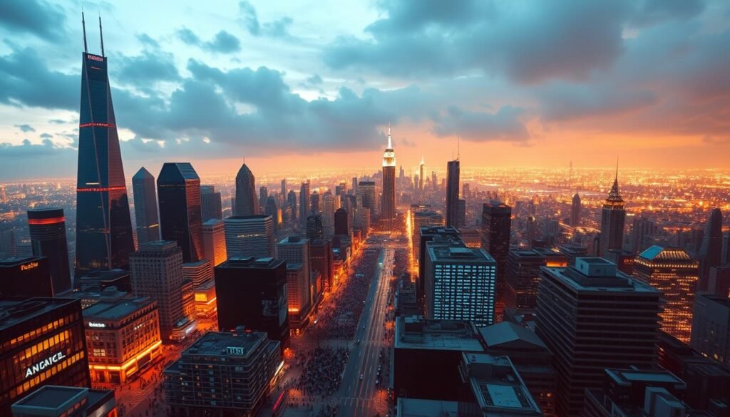 A dynamic cityscape depicting the diverse DeFi investment landscape. In the foreground, a bustling financial district with towering skyscrapers, neon-lit cryptocurrency exchanges, and throngs of investors rushing through the streets. The middle ground features a sprawling data center, its servers humming with the activity of decentralized protocols. In the background, a panoramic view of the city skyline, illuminated by the glow of blockchain technology. The scene is bathed in a warm, golden light, creating a sense of energy and potential. The composition utilizes a wide-angle lens to capture the scale and complexity of the DeFi ecosystem, inviting the viewer to explore its many facets.