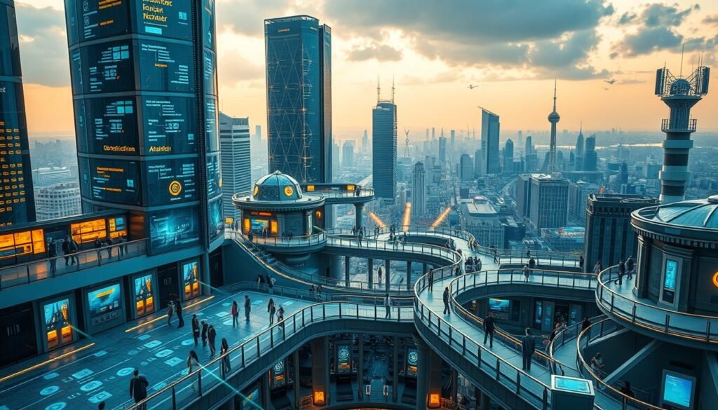 A futuristic cityscape of interconnected digital banking hubs, bathed in a soft, warm glow. Sleek, ultramodern skyscrapers housing state-of-the-art financial institutions, their facades adorned with holographic displays showcasing secure transactions and seamless mobile banking. In the foreground, a network of elevated walkways and automated teller machines, as people from all walks of life navigate the digital landscape with ease. The background is a panoramic view of the city, with towering data centers and satellite dishes, symbolizing the nationwide reach and infrastructure powering this digital revolution in banking.