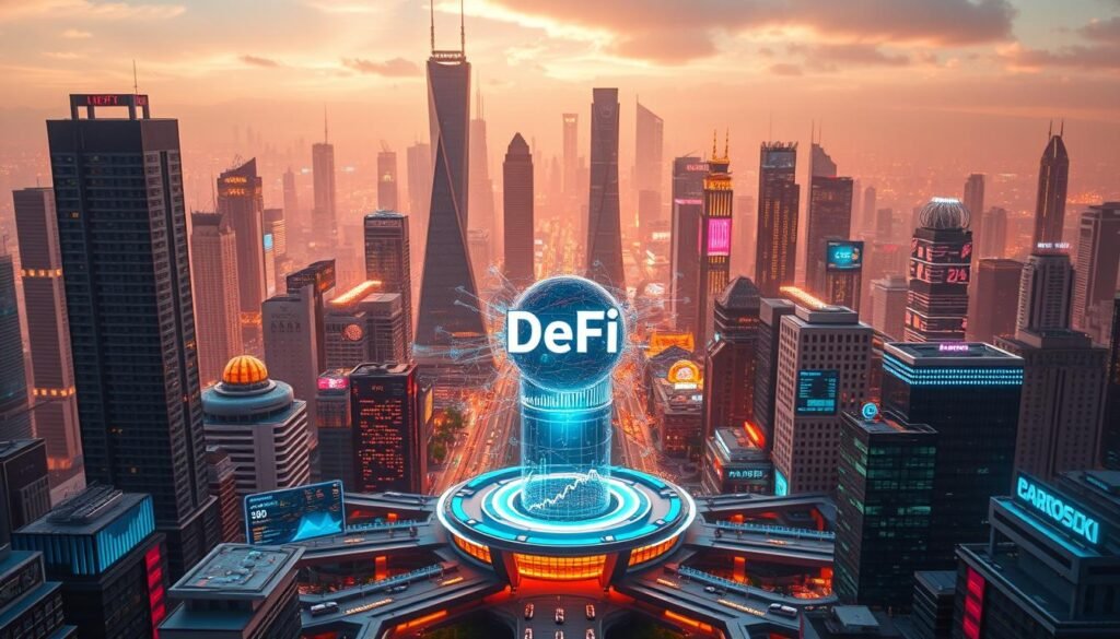 A futuristic financial landscape with a central hub of interconnected DeFi investment platforms. In the foreground, sleek and intuitive user interfaces showcase various DeFi services, such as lending, staking, and trading. The middle ground features a cluster of holographic data visualizations, illustrating the complex algorithms and analytics powering these decentralized platforms. In the background, a cityscape of towering skyscrapers and neon-lit streets sets the stage, hinting at the widespread adoption and integration of DeFi technologies within the urban environment. The scene is bathed in a warm, vibrant glow, conveying a sense of innovation, progress, and the transformative potential of DeFi investing.