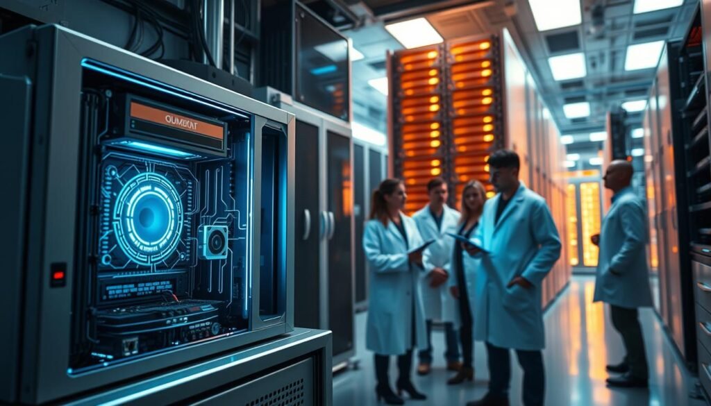 A futuristic laboratory filled with cutting-edge AI innovations. In the foreground, a sleek quantum computing rig emits a soft blue glow, its intricate circuitry and holographic interfaces hinting at the immense processing power within. In the middle ground, a team of researchers in white lab coats examines the output of a deep learning model, their expressions a mix of wonder and concentration. The background is dominated by a towering supercomputer cluster, its servers stacked high and illuminated by a warm amber light, symbolizing the vast computational resources powering the latest advancements in artificial intelligence. The scene is bathed in a cool, futuristic atmosphere, with subtle lens flares and depth-of-field effects enhancing the sense of technological sophistication.