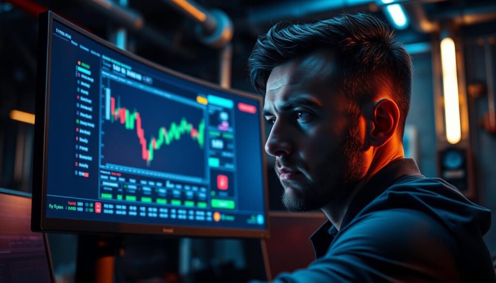 A high-contrast, cinematic image of a trader engrossed in a crypto trading platform displayed on a sleek, ultrawide monitor. The trader's face is illuminated by the vibrant, futuristic glow of the screen, their expression a mix of concentration and determination. The background is a dimly lit, industrial-style workspace, with metallic accents and subtle neon highlights that create an atmosphere of high-tech sophistication. The composition emphasizes the intensity and focus of the trading experience, conveying the thrill and risk of leveraged crypto trading.