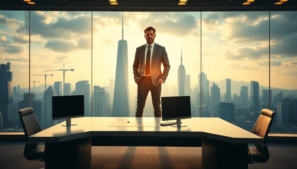 A high-net-worth individual stands confidently at the center of a vibrant, globalized financial landscape. Behind them, a striking skyline of international financial hubs, with skyscrapers and cranes dotting the horizon. In the foreground, a sleek, modern office space, with a large desk and state-of-the-art computer equipment, symbolizing the expertise and personalized service of a wealth management firm. Warm, directional lighting illuminates the scene, creating a sense of sophistication and prosperity. The overall mood evokes a powerful, yet approachable vision of comprehensive, cross-border wealth management strategies tailored to the client's unique goals and aspirations.
