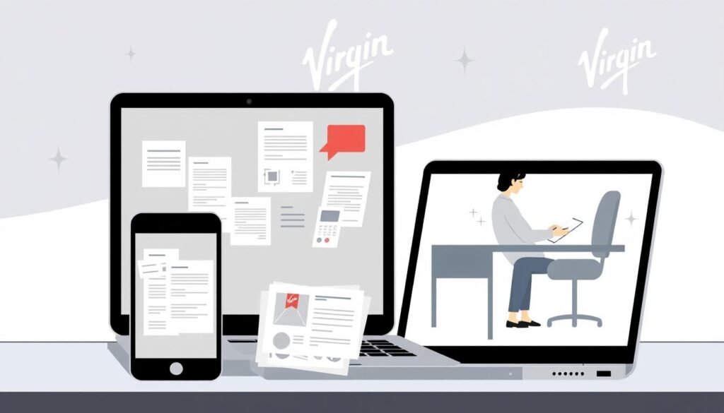 A modern and minimalist illustration depicting the Virgin Money mortgage application process. In the foreground, a laptop and mobile device display various mortgage-related forms and documents. In the middle ground, a person sitting at a desk reviews paperwork, conveying the sense of an organized and streamlined application workflow. The background features a clean, geometric pattern suggestive of the Virgin Money brand, with muted tones of blue, white, and gray creating a professional, trustworthy atmosphere. The overall scene captures the efficiency and reliability of the Virgin Money mortgage application experience.