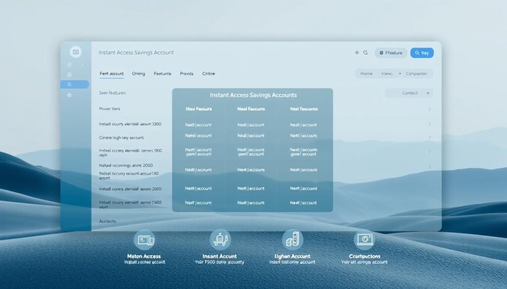 A modern, clean-looking financial dashboard with a central comparison table highlighting key features of several instant access savings accounts. The table occupies the middle ground, surrounded by detailed account information and icons in the foreground. The background features a serene, minimalist landscape with soft lighting and a muted color palette to convey a sense of stability and reliability. The overall composition emphasizes the ease of comparing and choosing the right instant access savings account.
