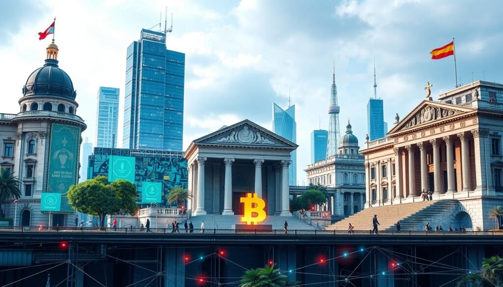 A modern financial landscape, with DeFi lending protocols represented by digital platforms and decentralized icons, contrasting against the traditional banking system symbolized by ornate buildings and outdated infrastructure. The foreground depicts the advantages of DeFi lending, such as transparency, accessibility, and permissionless nature, conveyed through vibrant colors and dynamic compositions. The middle ground showcases the seamless integration of blockchain technology, smart contracts, and peer-to-peer transactions. The background subtly hints at the global reach and borderless nature of DeFi, with a sense of technological progress and financial empowerment.