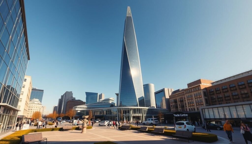 A modern, glass-and-steel high-rise building standing tall against a clear blue sky, its sleek façade reflecting the bustle of the city below. The structure is the centerpiece of a sprawling business district, surrounded by a bustling urban landscape of smaller commercial buildings, busy streets, and pedestrians hurrying to and fro. The scene is bathed in warm, golden sunlight, creating a sense of energy and prosperity. In the foreground, a well-manicured plaza with benches and sculptures invites visitors to pause and admire the impressive architecture. This is the Trade Centre UK, a beacon of commerce and economic activity at the heart of the nation.