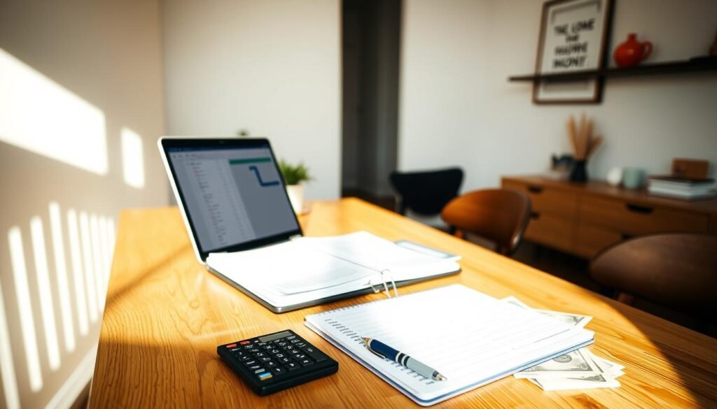 A modern home office with a wooden desk, a laptop, and a planner open on the surface. Beside it, a calculator, a pen, and a stack of bills. Soft, natural lighting floods the space, creating a warm, focused atmosphere. The walls are adorned with minimalist decor, reflecting the organized and intentional nature of budgeting. A framed artwork or inspirational quote adds a personal touch. The overall scene conveys a sense of financial responsibility and control, with attention to detail and a commitment to staying on top of one's finances.