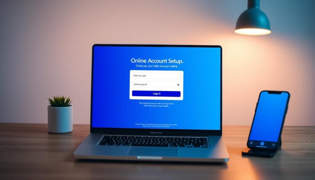 A modern, minimalist design for a "Nationwide Online Account Setup" webpage. A clean, sleek UI with a blue and white color scheme, featuring a centralized login box, input fields, and navigation options. The layout is balanced and visually appealing, with subtle gradients and soft shadows adding depth. The overall atmosphere conveys a sense of security, efficiency, and ease of use, befitting an established financial institution like Nationwide. Crisp product photography of a laptop and mobile device in the background suggests seamless multi-device accessibility. Warm, diffused lighting from an off-camera source creates a welcoming, professional ambiance.