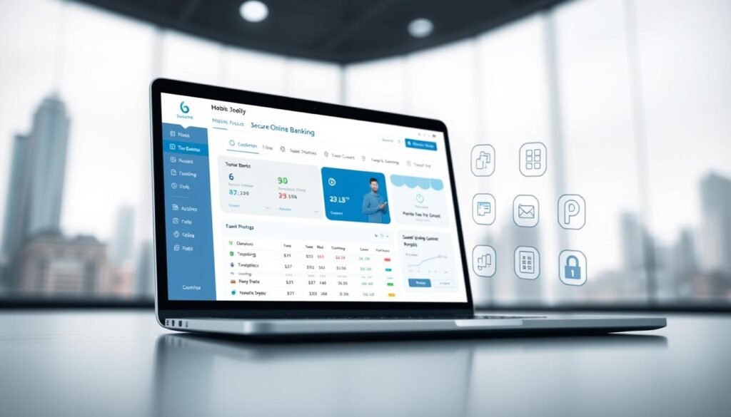 A modern, minimalist digital banking interface with sleek, responsive design. In the foreground, a laptop or tablet displaying a secure online banking dashboard with intuitive navigation, account balances, and transaction history. In the middle ground, stylized icons and UI elements representing features like mobile banking, bill pay, and money transfers. The background is a soft, blurred cityscape or abstract geometric pattern, conveying a sense of technology, efficiency, and digital security. The overall mood is one of simplicity, accessibility, and confidence in financial management.