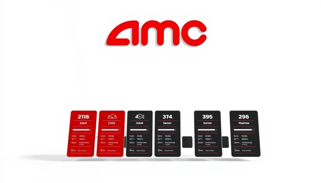 A modern, minimalist illustration of an "AMC Ticket Pricing Overview". A clean, white background sets the stage, with a sleek, monochromatic layout. In the foreground, a series of ticket pricing tiers are displayed, neatly organized and color-coded. Subtle gradients and clean typography convey a sense of professionalism and attention to detail. The middle ground features simplified icons or graphics representing different ticket types, such as adult, child, senior, and matinee. The background showcases the iconic AMC logo, rendered in a sophisticated, understated manner, providing branding context. Soft, directional lighting casts gentle shadows, creating depth and dimension. An overall sense of clarity, organization, and brand alignment is achieved, making this a visually compelling and informative asset for the article.