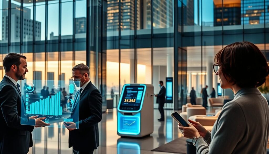A modern, sleek bank lobby with an imposing glass facade reflecting the bustling city skyline. In the foreground, a team of financial analysts intently scrutinizing holographic data displays, their expressions focused as they harness the power of AI-driven analytics to optimize banking operations. The middle ground features a stylish, automated teller kiosk where customers seamlessly complete transactions using biometric authentication. In the background, a serene lounge area with plush seating, where an AI-powered virtual assistant converses with clients, anticipating their needs and providing tailored financial advice. The overall scene conveys a harmonious blend of cutting-edge technology, efficient processes, and a personalized customer experience, exemplifying the transformative impact of AI in the banking industry.
