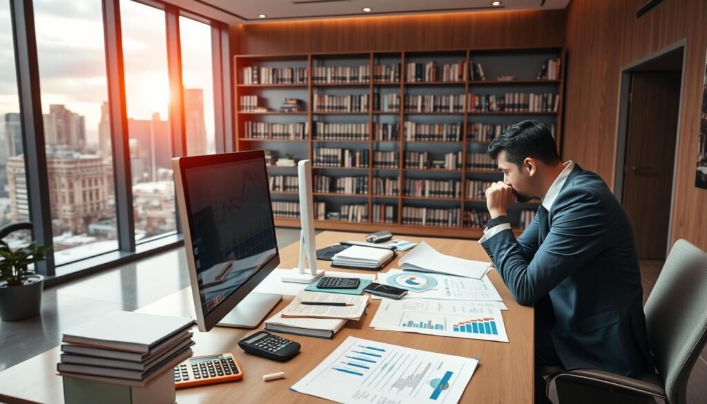 تصميم داخلي لمكتب عصري وجيد الإضاءة، يضم مكتبًا كبيرًا وجهاز كمبيوتر ومستندات مالية. في المقدمة، يجلس رجل أعمال على مكتبه، غارقًا في أفكاره، محاطًا بمخططات ورسوم بيانية وآلات حاسبة مالية. في المنتصف، تبرز رف كتب مليء بكتب الأعمال والتمويل، بينما تُظهر الخلفية نافذة كبيرة تُطل على منظر المدينة، مما يُضفي شعورًا بالنمو والتوسع. الإضاءة دافئة وجذابة، مما يخلق جوًا احترافيًا وطموحًا في آن واحد. يُجسد المشهد العام جوهر التخطيط المالي الاستراتيجي لمختلف مراحل نمو الأعمال.