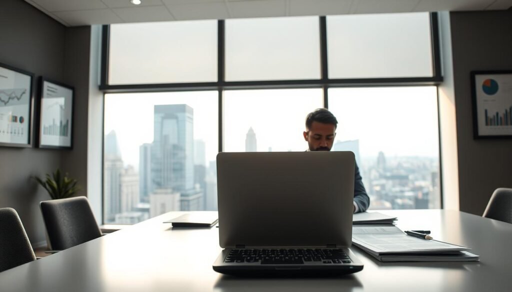 A modern, well-lit office interior with a large window overlooking a bustling city skyline. In the foreground, a sleek, minimalist desk with a laptop, calculator, and neatly organized accounting documents. Behind it, a person wearing a suit and tie, their face obscured, intently focused on the screen. On the walls, framed financial charts and graphs, conveying a sense of professionalism and expertise. The lighting is soft and warm, creating a calming, productive atmosphere. The color palette is a mix of grays, blues, and subtle accents of gold, reflecting the precision and sophistication of AI-powered financial solutions.
