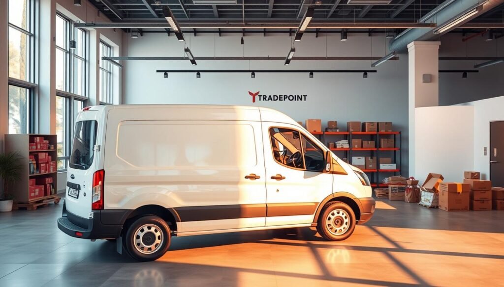 A modern, well-lit showroom showcasing the various delivery options offered by Trade Point. In the foreground, a sleek delivery van takes center stage, its pristine exterior gleaming under warm, directional lighting. In the middle ground, a variety of shipping boxes and packages are neatly arranged, highlighting the breadth of products that can be delivered. The background features a minimalist, industrial-inspired setting with clean lines and neutral tones, creating a sense of professionalism and efficiency. The overall atmosphere conveys the reliability, convenience, and comprehensive nature of Trade Point's delivery services.