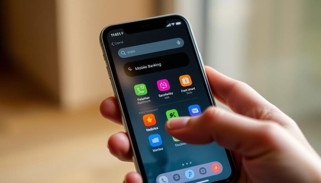 A modern, well-lit smartphone screen showcases a sleek mobile banking app interface. Vibrant icons, intuitive menus, and a clean, minimal design create an effortless user experience. In the foreground, a hand holding the device, fingers gently swiping and tapping the responsive touchscreen. The background blurs softly, emphasizing the app's centrality. Warm, diffused lighting casts a subtle glow, conveying a sense of comfort and efficiency. The scene evokes a seamless, on-the-go banking experience, empowering users to manage their finances with ease and convenience.