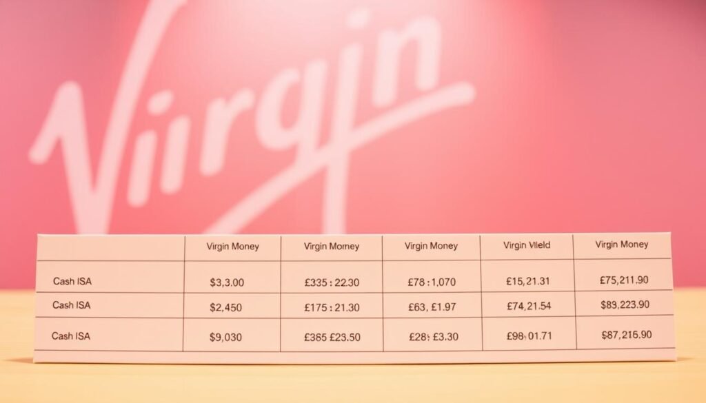 A neatly arranged display showcasing the current interest rates on Virgin Money Cash ISAs. The foreground features a sleek, minimalist table with clean typography highlighting the various ISA product names and their corresponding annual percentage yields, presented in a professional and easy-to-read format. The middle ground has a soft, blurred backdrop of the Virgin Money branding, creating a sense of brand association. The lighting is warm and diffused, casting a gentle glow on the display and creating a welcoming, trustworthy atmosphere. The overall composition is balanced, with a focus on clarity and attention to detail, reflecting the reliable and transparent nature of the Virgin Money Cash ISA offerings.
