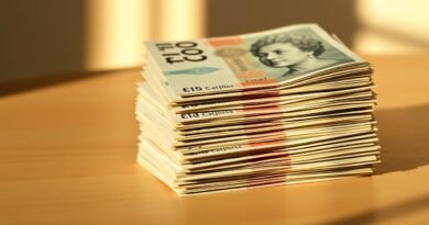 A neatly stacked pile of British pound sterling cash notes, illuminated by warm, natural lighting. The bills are arranged in an orderly fashion, casting soft shadows on a clean, minimalist wooden surface. The background is slightly blurred, allowing the currency to be the focal point. The overall composition conveys a sense of financial security, stability, and the opportunity to grow one's savings within a Virgin Money Cash ISA.