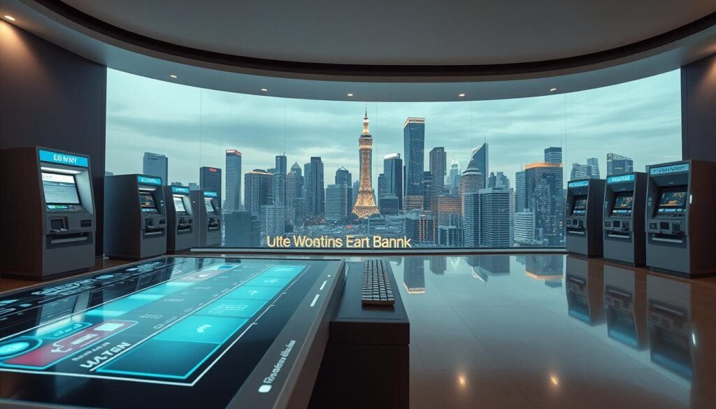A panoramic view of the evolution of digital banking, illuminated by soft, diffused lighting and captured through a wide-angle lens. In the foreground, a futuristic digital interface with intuitive touch controls, seamlessly integrated with a range of financial services. In the middle ground, a progression of banking technologies, from early ATMs to modern mobile banking apps, each representing a step forward in the transformation of the industry. In the background, a cityscape of towering skyscrapers, symbolizing the widespread adoption and integration of digital banking into the fabric of modern urban life. The overall atmosphere conveys a sense of progress, innovation, and the seamless convergence of finance and technology.
